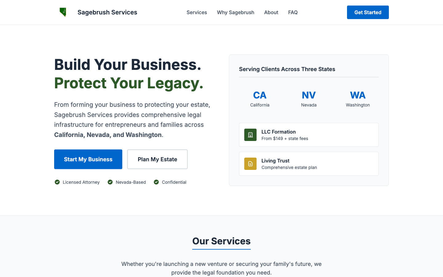 The Sagebrush Services website homepage