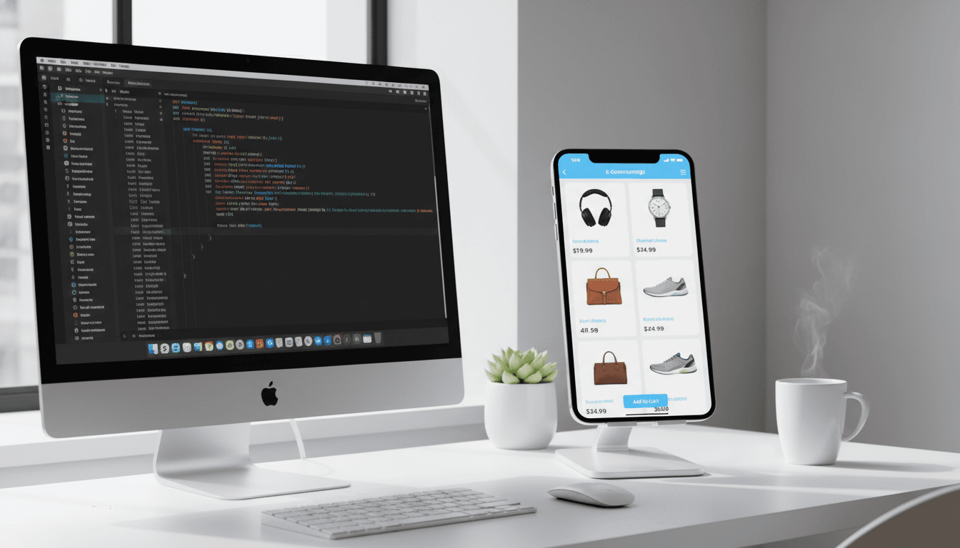 Modern developer workspace with code editor, dashboard, and mobile app development